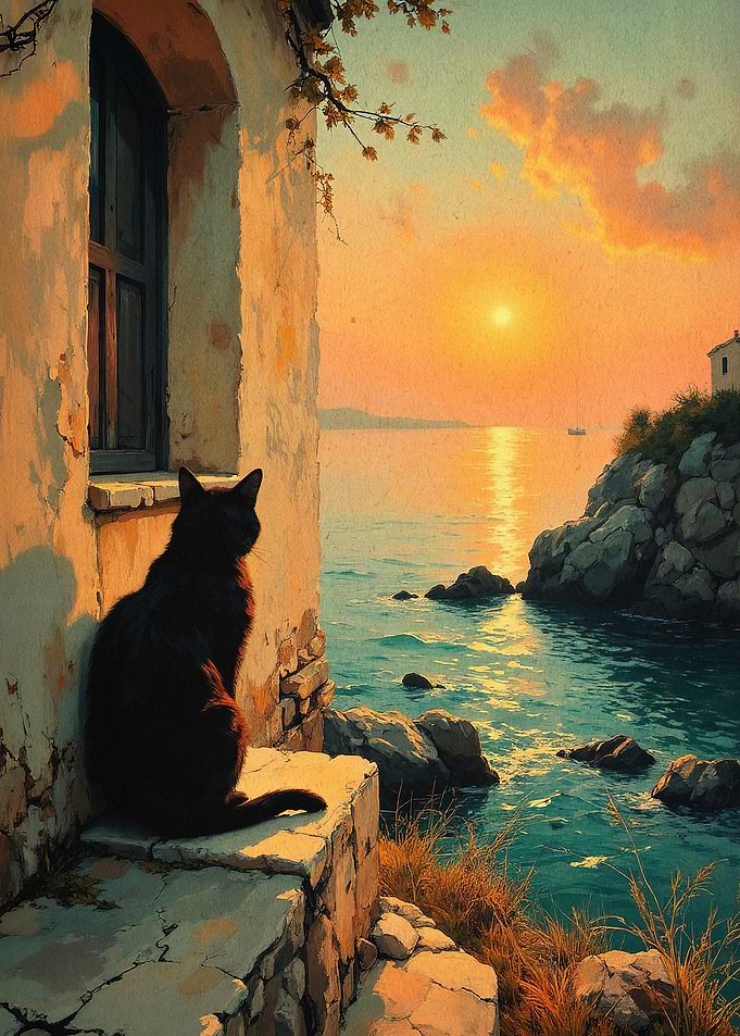Cat Coastal Sunset Art Poster