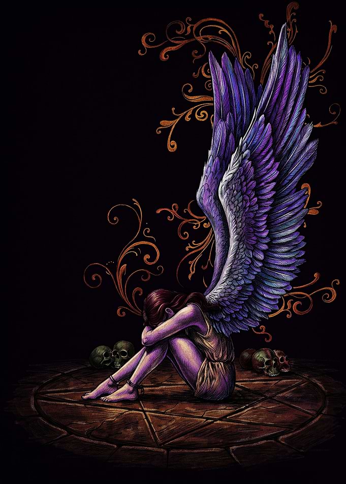 Sad Fallen Angel with Purple Wings