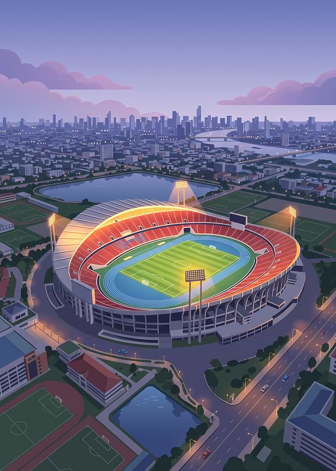 Illuminated Stadium in Cityscape at Dusk