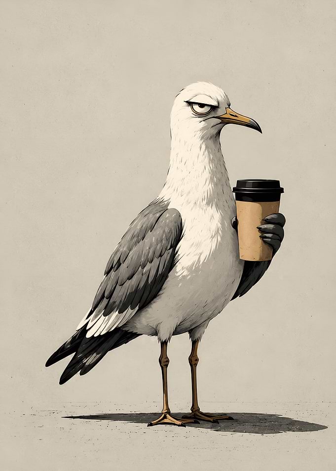 Grumpy Seagull Holding Coffee Cup
