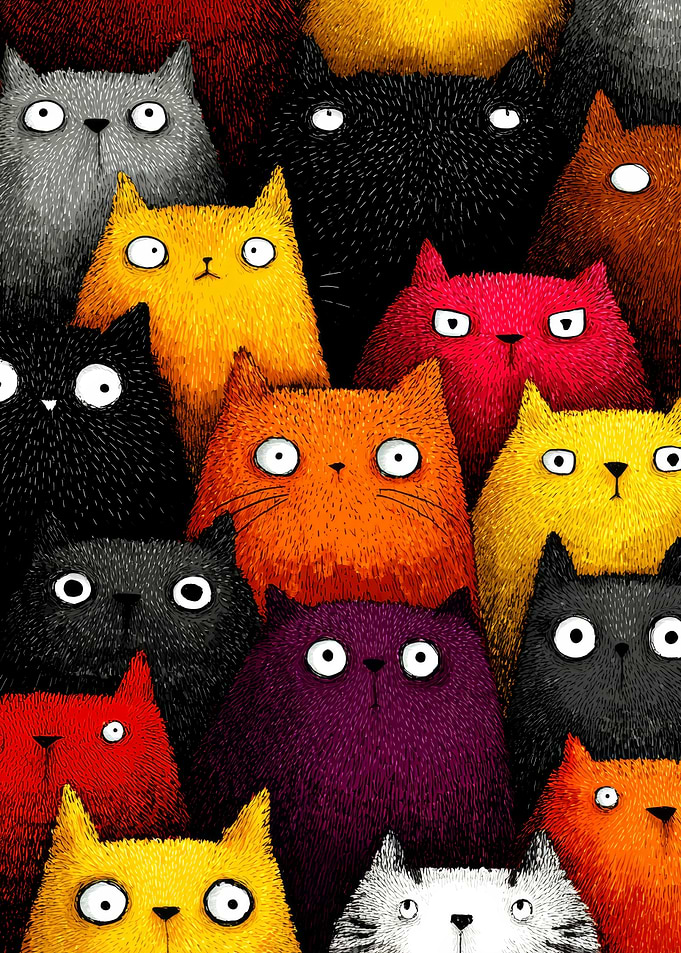 Colorful Crowd of Whimsical Cats