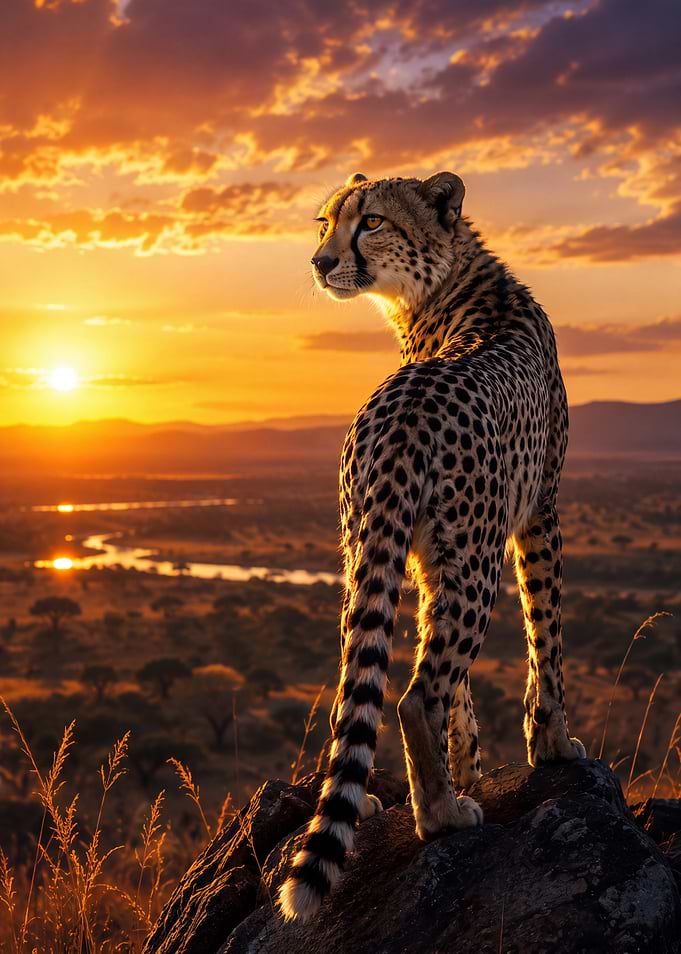 Cheetah Standing on Rock at Sunset