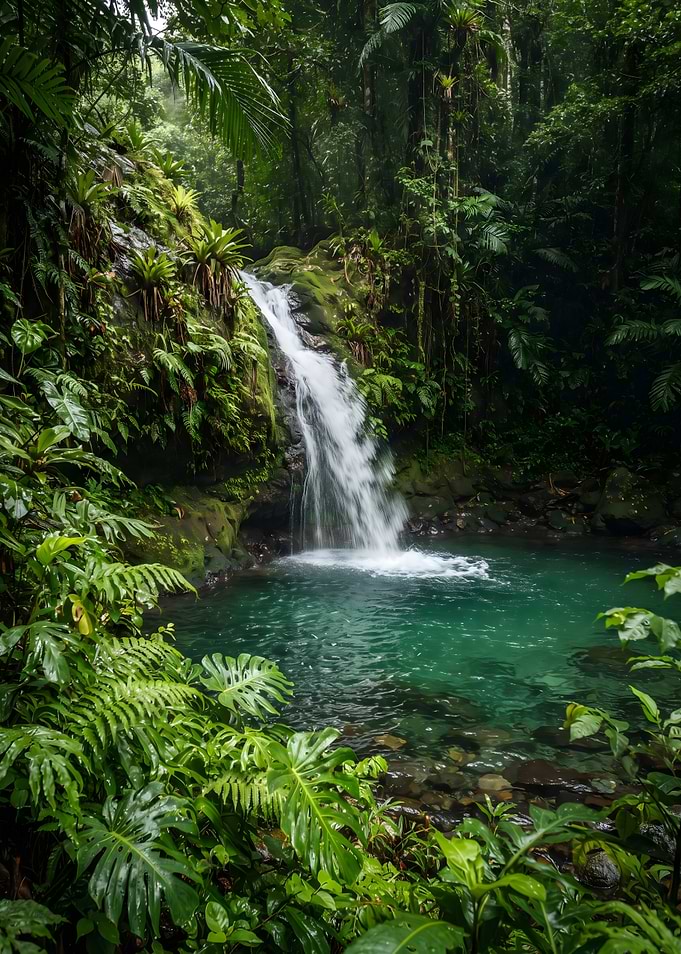 Tropical Waterfall in Lush Rainforest