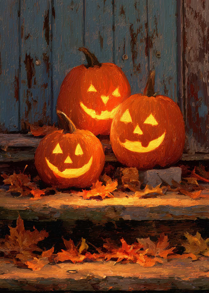 Three Glowing Halloween Jack-o'-lanterns