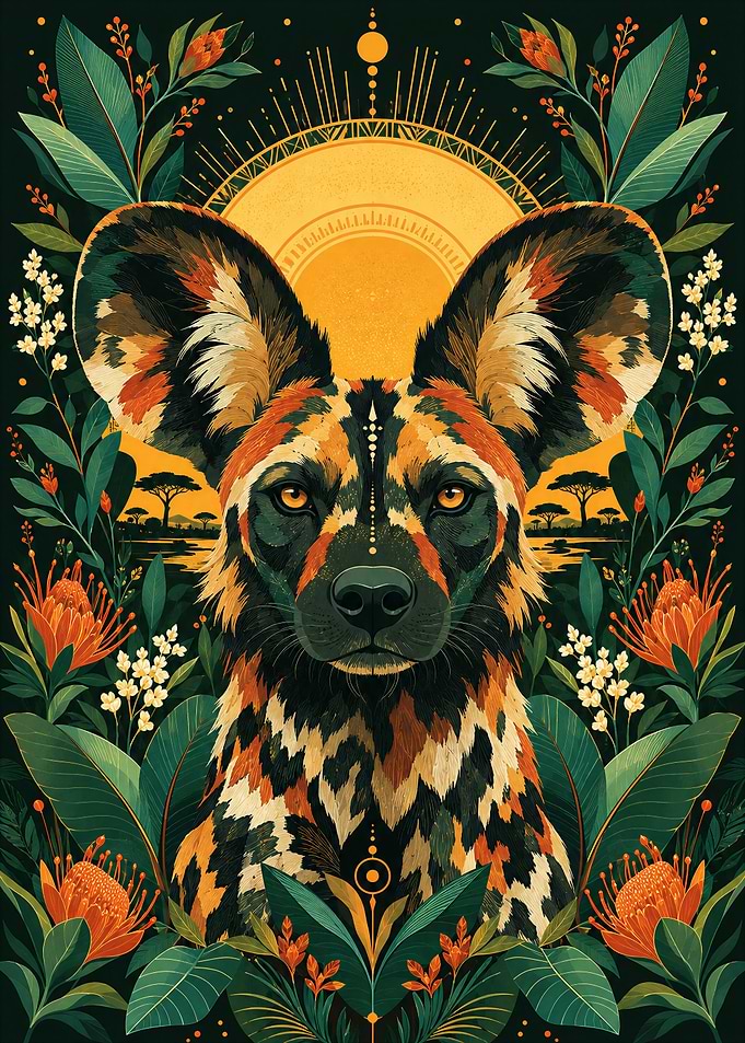 African Wild Dog Botanical Portrait