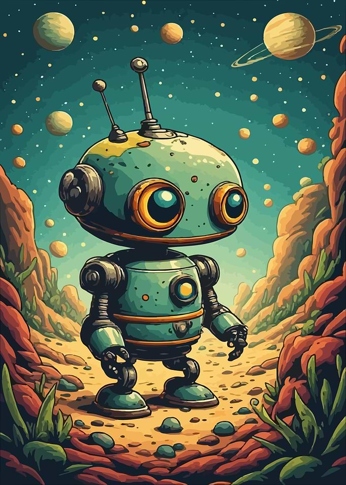 Cute Retro Robot on Alien Planet Retro