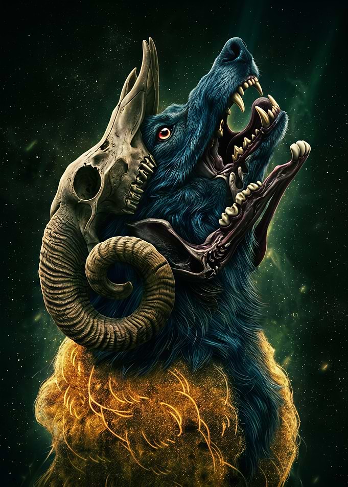 Dark Fantasy Ram-Horned Wolf Portrait