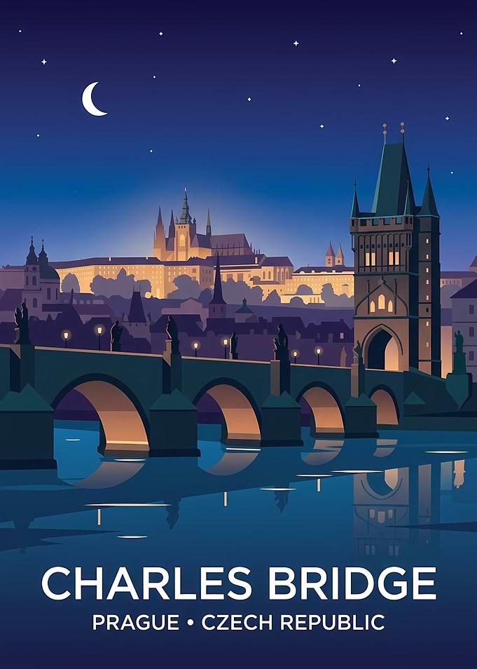 Charles Bridge Prague Night Poster