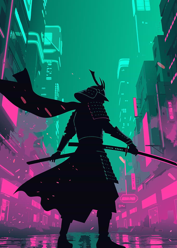 Samurai Action Poster | Cyberpunk Neon Tokyo Wall Art