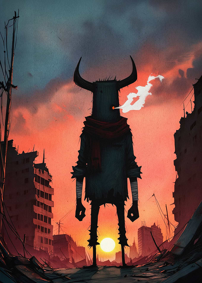Demon Smoking Ruined City Art