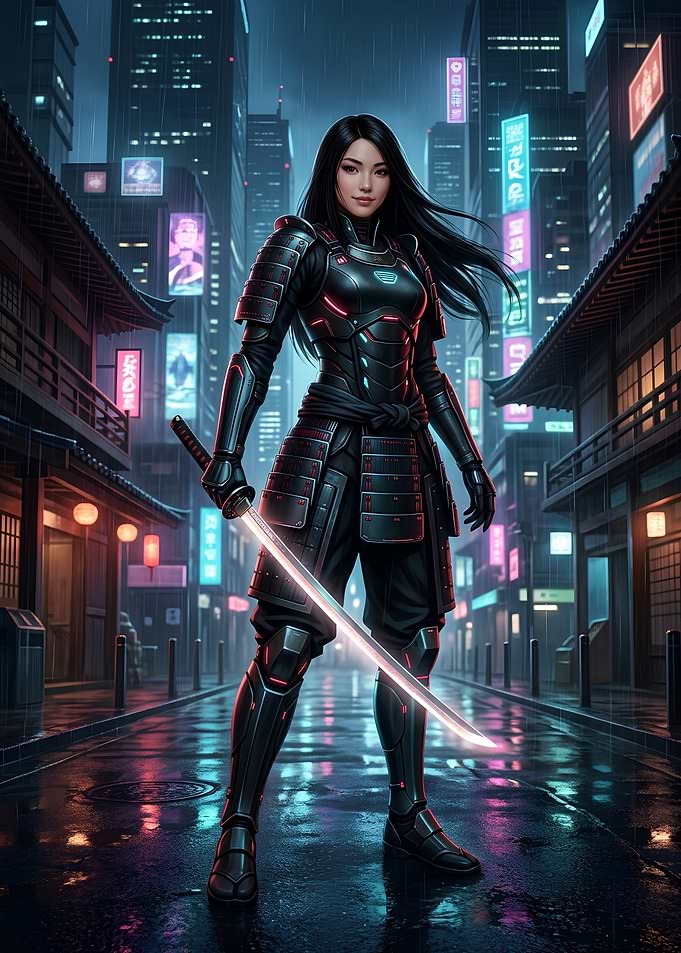 Cyberpunk Samurai Warrior in Neon City