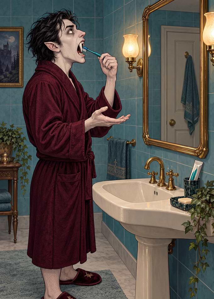 Vampire Brushing Teeth in Bathroom