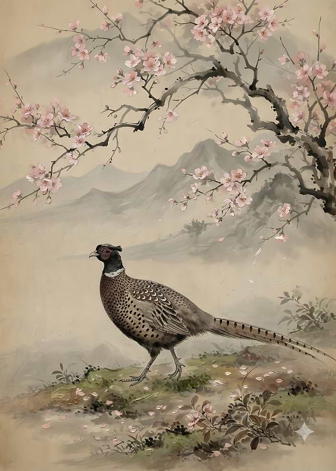 Pheasant Under Cherry Blossom Tree
