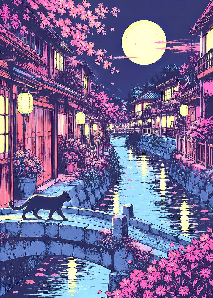 Cat on Bridge in Japanese Village