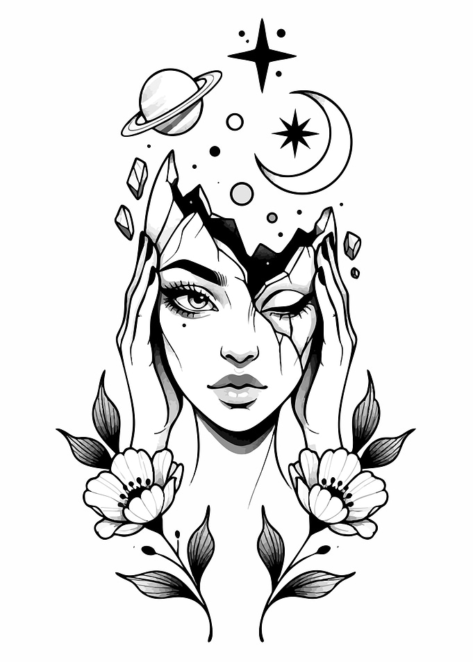 Cosmic Mind Floral Tattoo Design
