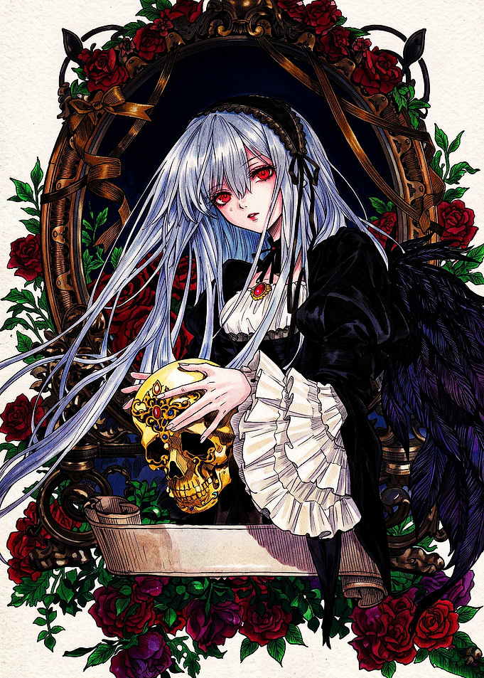 Gothic Anime Girl with Golden Skull