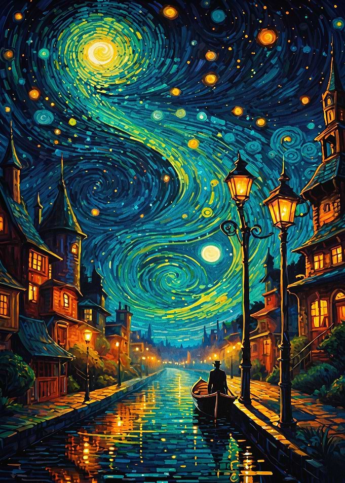 Starry Night Canal Town Art Poster