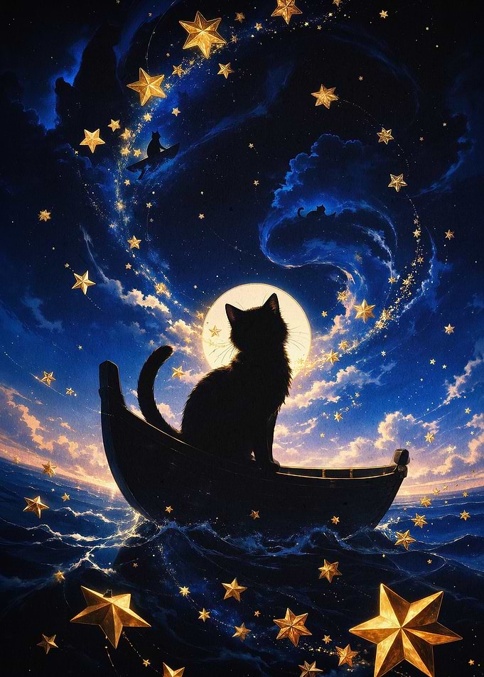 Cat Boat Starry Night Fantasy Art