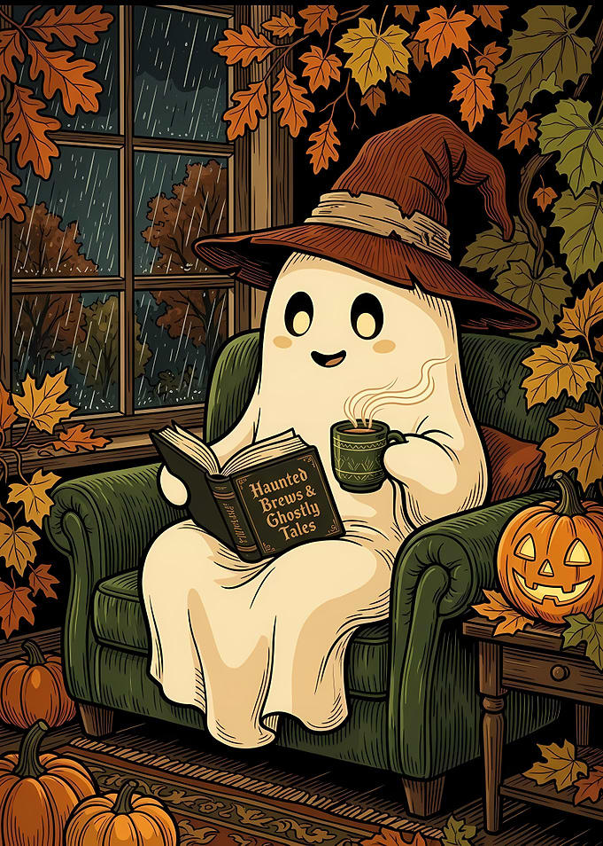 Cute Halloween Ghost Cozy Reading Book