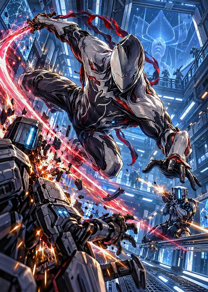 Warframe Excalibur Combat Action Scene