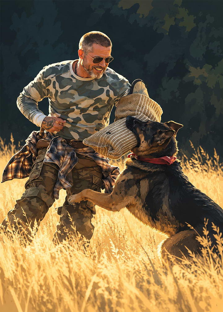 Man Training German Shepherd in Field