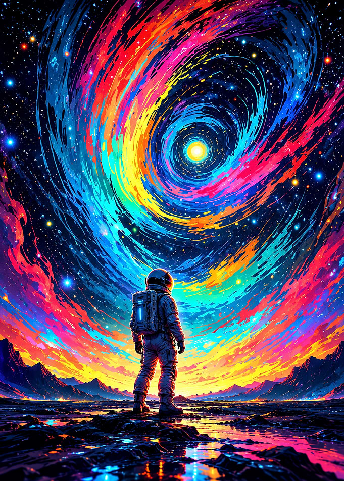 Astronaut gazing at vibrant cosmic vortex