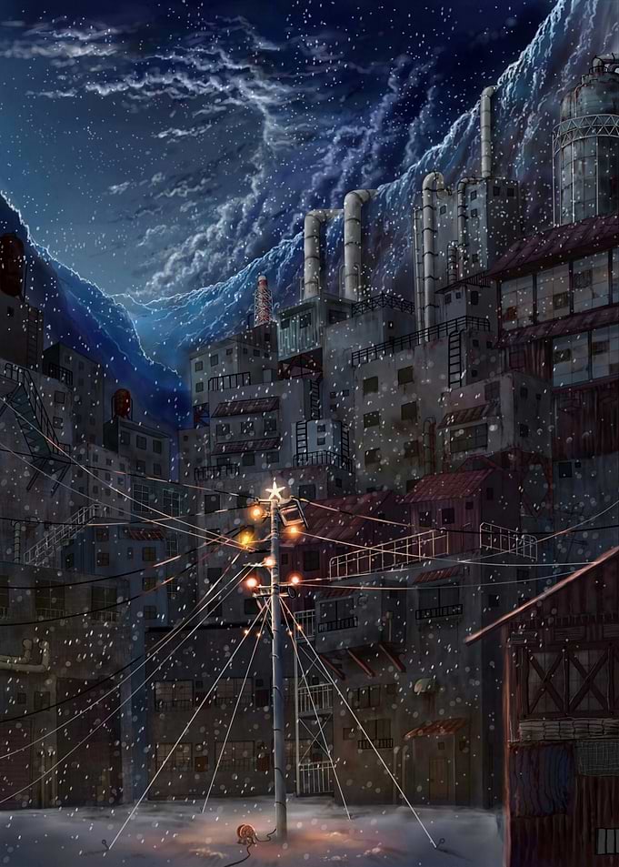 Snowy Industrial Cityscape at Night