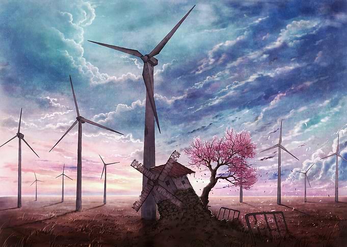 Windmills and Cherry Blossoms Landscape