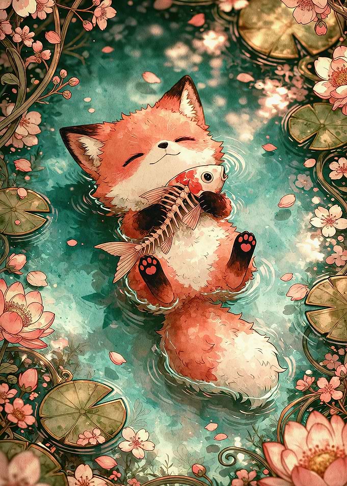 Fox Pond Lily Cozy Fantasy Art