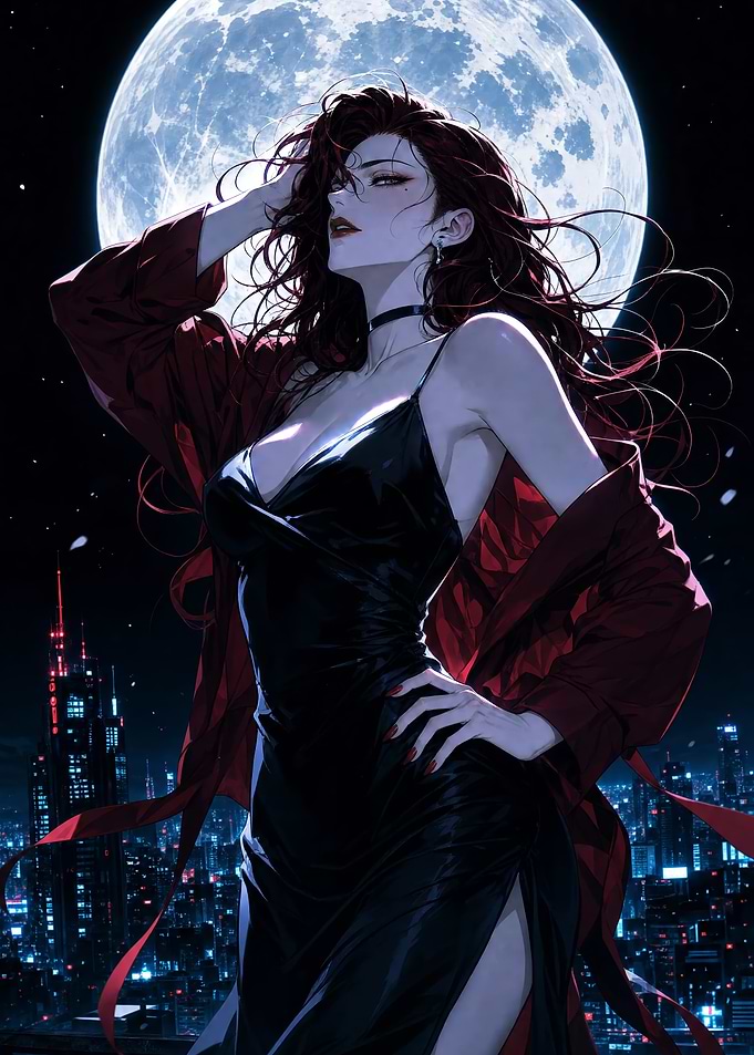 Elegant Woman Under Full Moon