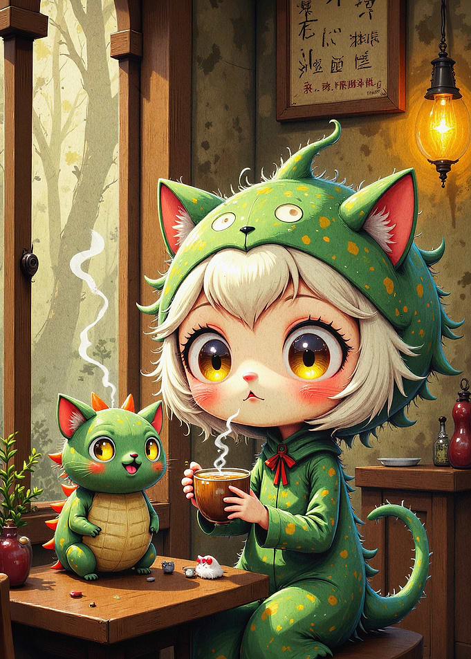 Green Monster Cute Cafe Anime Art