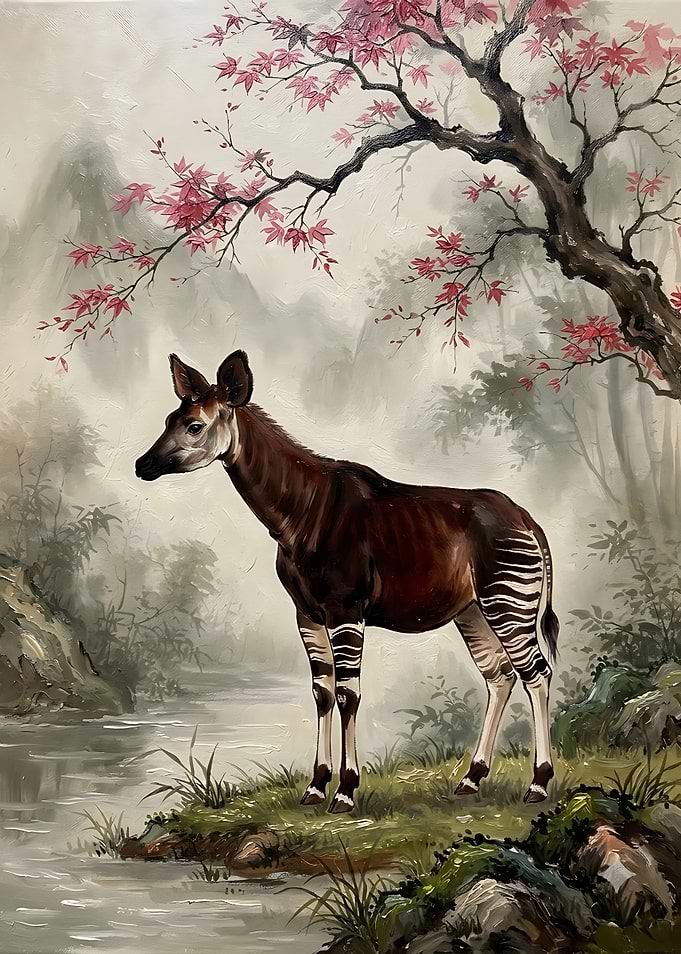 Okapi Standing by a Misty Stream