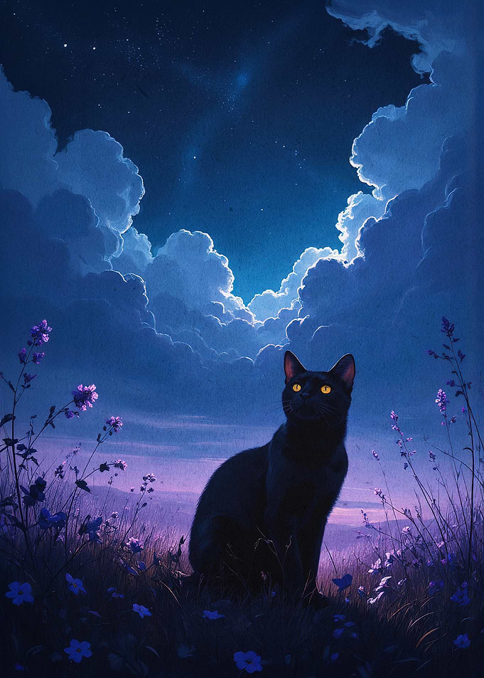 Black Cat Starry Night Fantasy Art