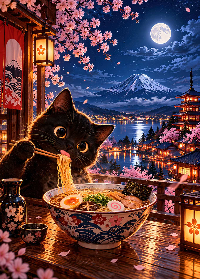 Cute Black Cat Eating Ramen