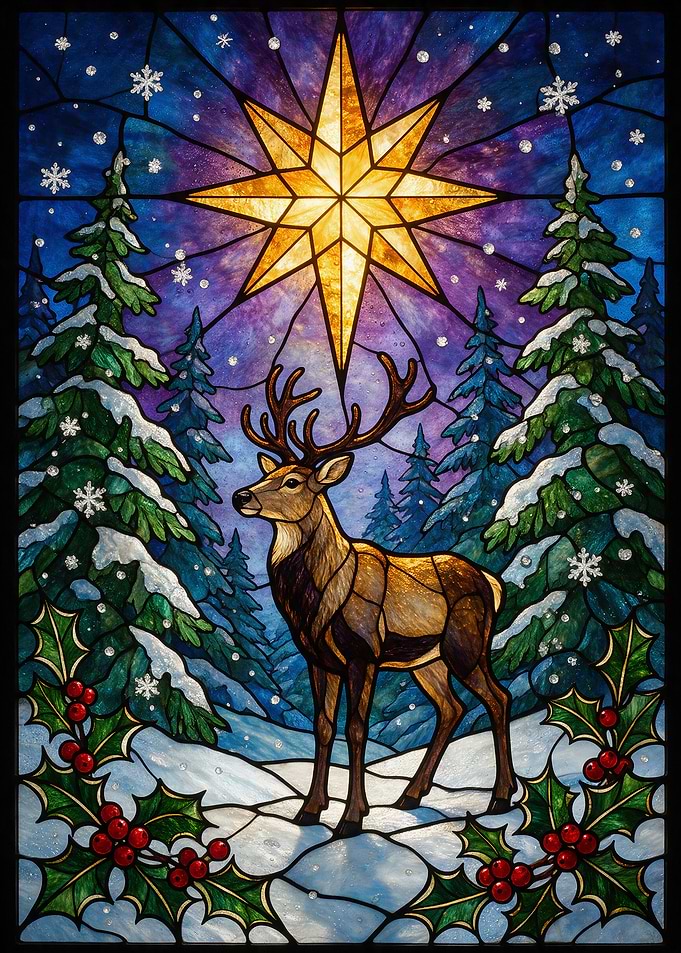 Stained Glass Reindeer Christmas Scene