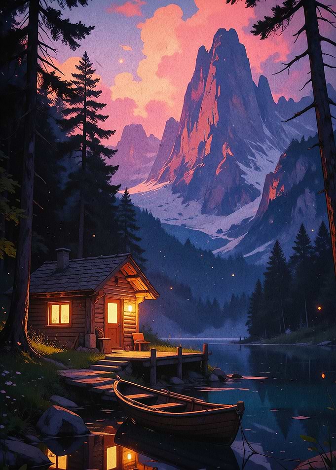 Mountain Cabin Sunset Fantasy Poste