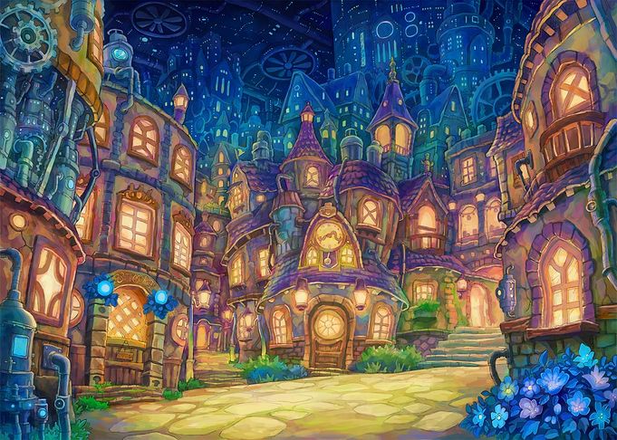 Whimsical Steampunk Fantasy Village at Night