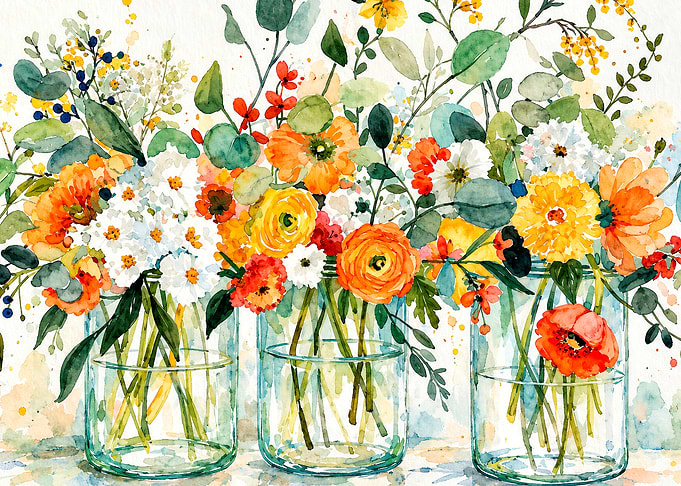 Watercolor Floral Arrangement in Glass Jars