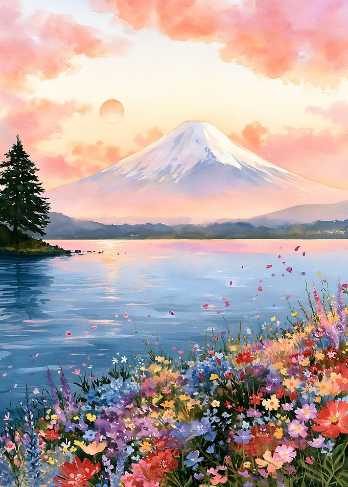 Mount Fuji at Sunset with Flowers