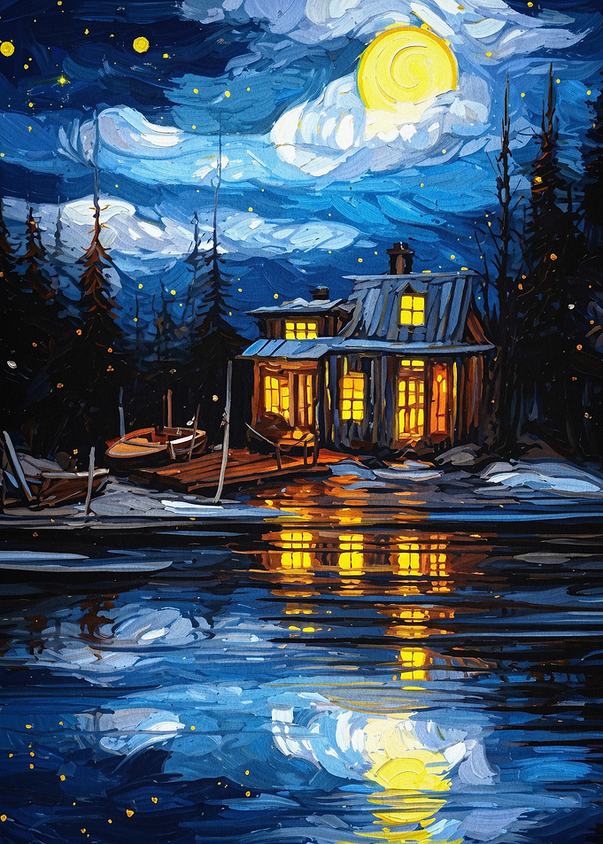 Starry Cabin Night Impasto Art