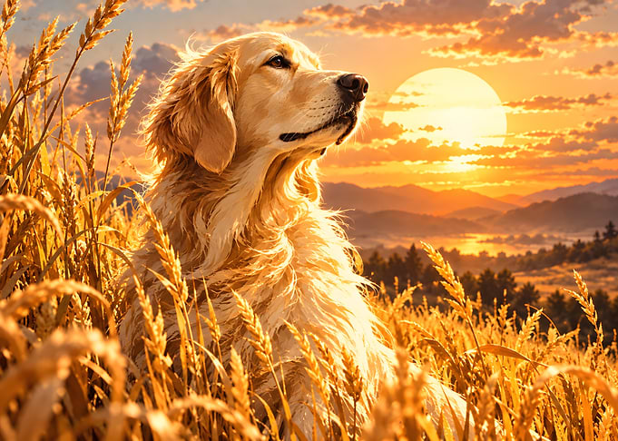 Golden Retriever in Wheat Field Sunset