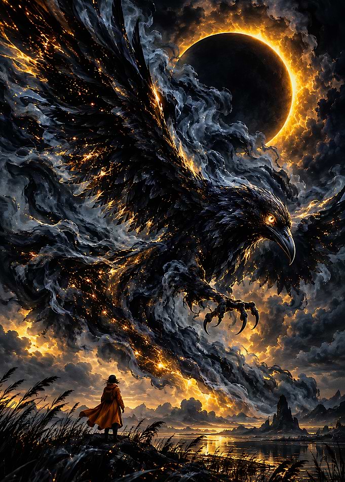 Giant Shadow Raven and Solar Eclipse