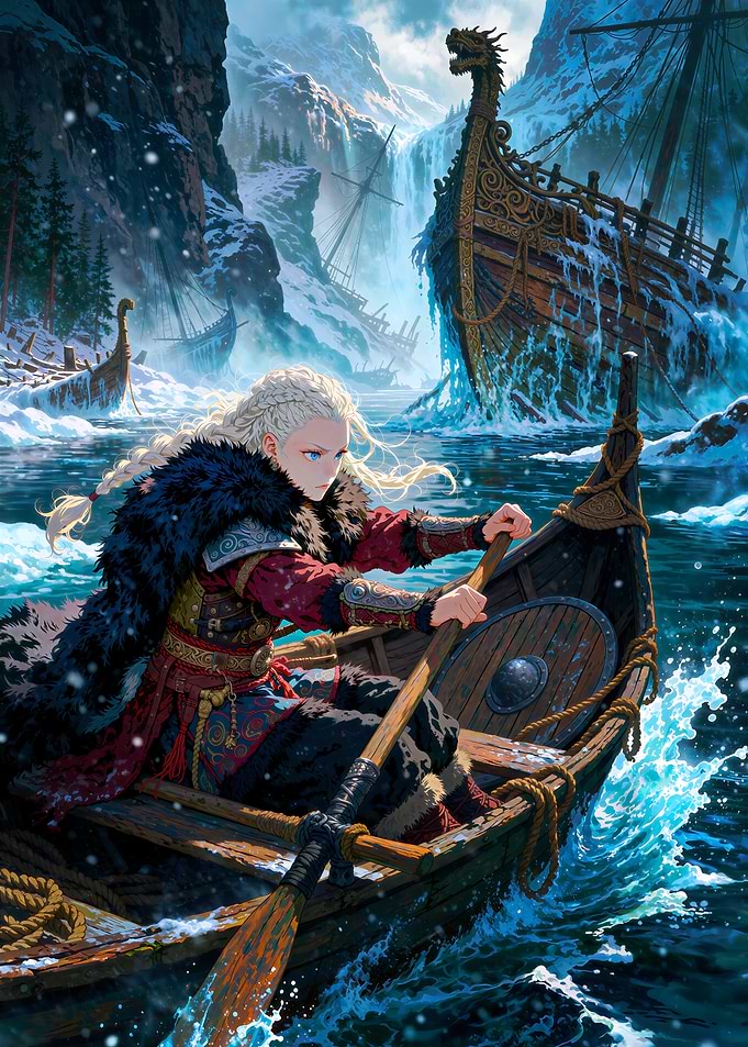 Viking Warrior Rowing Through Icy Waters