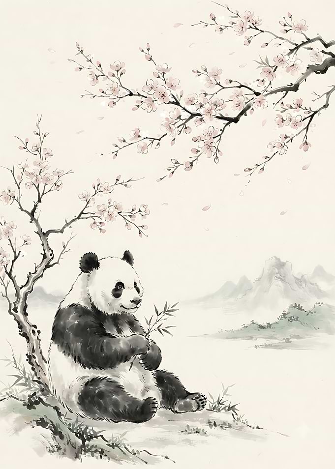 Panda Under Cherry Blossom Tree