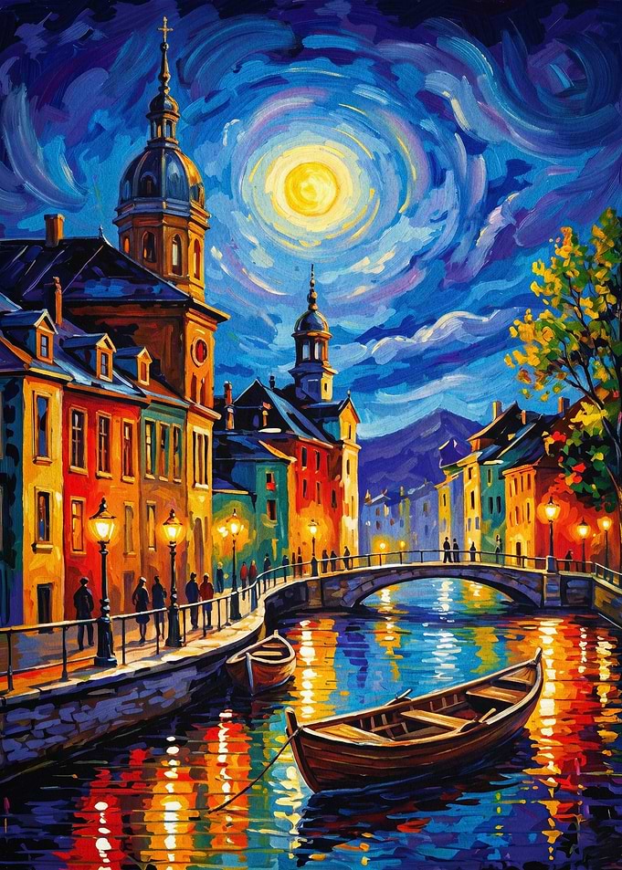 Starry Night City Canal Art Poster