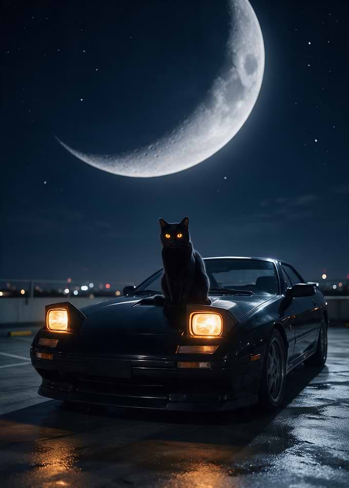 Black Cat on Retro Sports Car