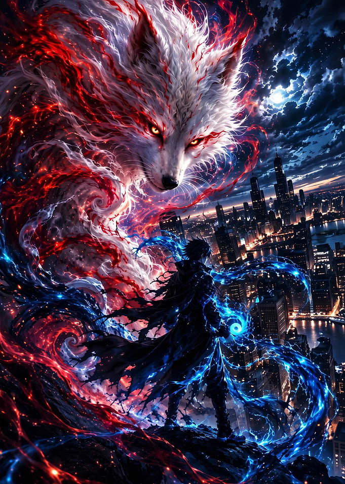 Anime Warrior with Spectral Wolf Spirit