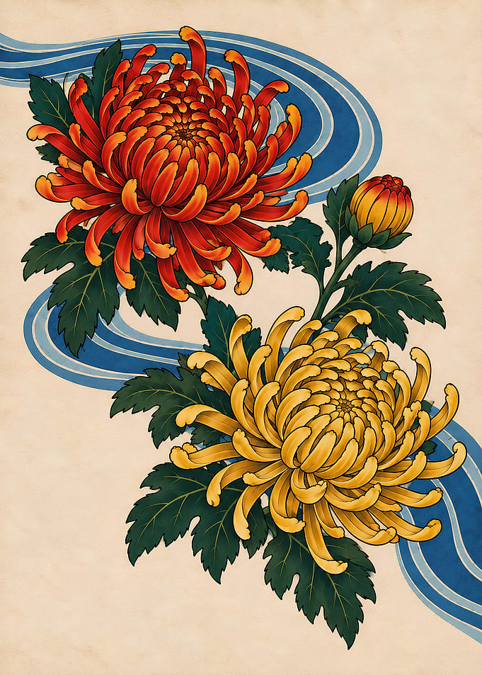 Chrysanthemum Stream – Vermilion and Gold Irezumi Tattoo Art