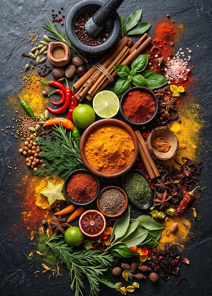 Assorted Spices and Herbs Flat Lay