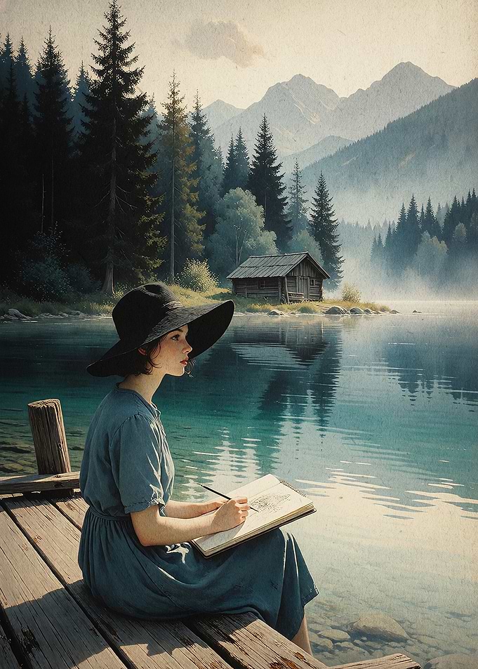Woman Drawing Lake Vintage Art